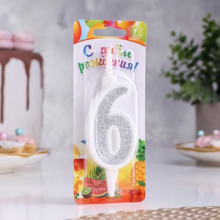 Candle for Cake "Super Blood", 10.4 cm, number "6", silver sparkle-1