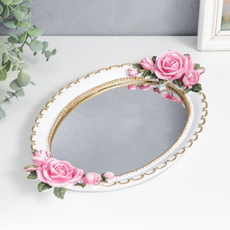 Interior polystone stand with a mirror "Pink roses" white 36.5x22 cm