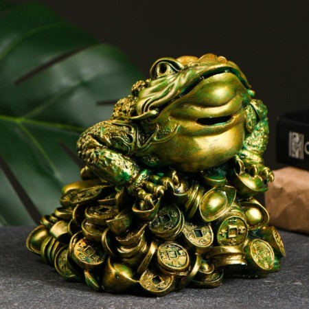 Piggy bank "Toad on money" Green with gilding, 15x15x15cm