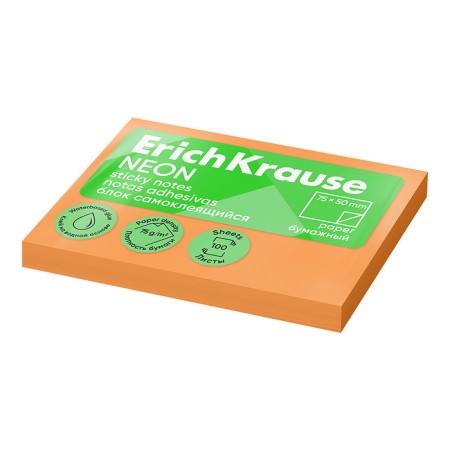 Block with a sticky edge paper 75x50 mm, Erichkrause "Neon", 100 sheets, orange
