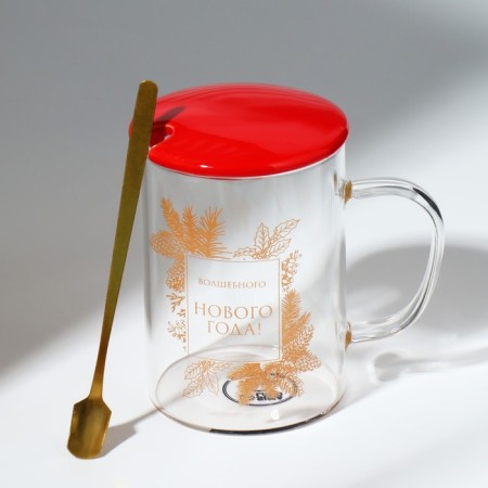 Glass mug with a spoon and a lid of the "Magic New Year", 470 ml-4