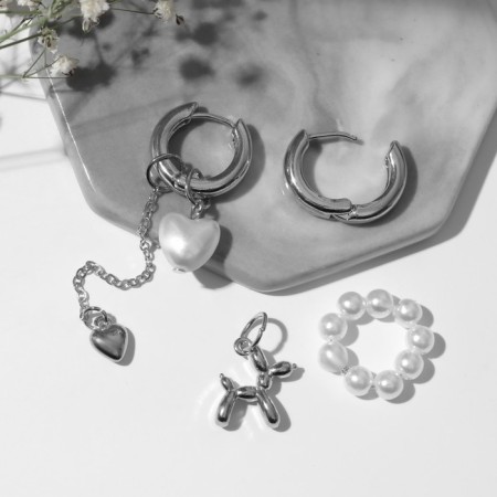 Earrings with the removable element "Transformer" dog, white color in silver-1