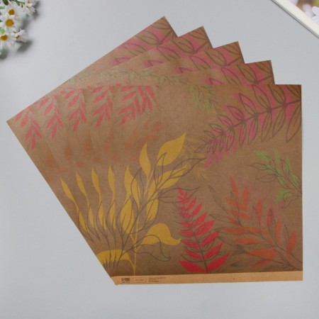 Scrapbooking paper bilateral "Flowers and Kraft leaves" Density 180 grams set 5 pcs 30.5x32 cm-2