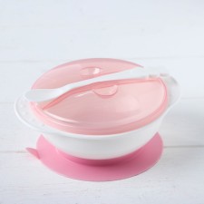 Set for feeding, 3 items: a bowl on a suction cup 400 ml, cover, spoon, pink sucker color, chick lid color