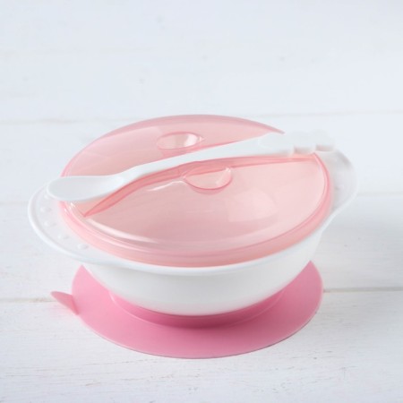 Set for feeding, 3 items: a bowl on a suction cup 400 ml, cover, spoon, pink sucker color, chick lid color