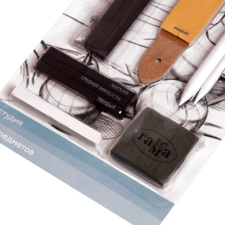 Set for graphics "Gamma" "Studio" 12 items: (pressed and grape natural coal, pastel chalk, sandpaper for sharpening, eraser-coat, rags)-4