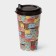 A plastic glass with a “izi-go” lid, 550 ml, 9.3 × 9.1 × 15.8 cm, a mix decor, a dark brown color