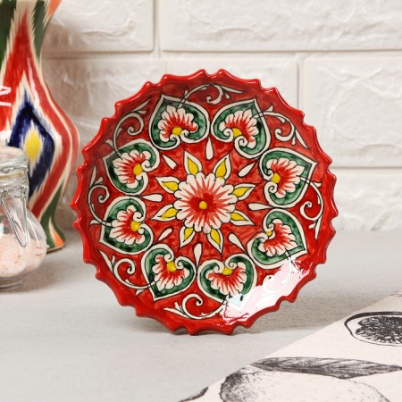 Plate of the Rishtan ceramics "Patterns", Red, 15 cm, corrugated-3