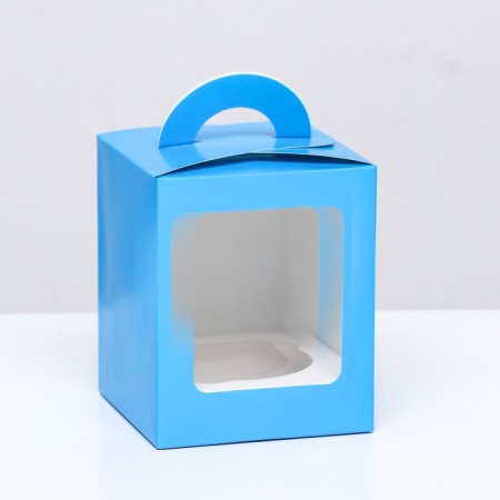 Packaging for one cupcake with a blue window, 9.2 x 9.2 x 11.1 cm