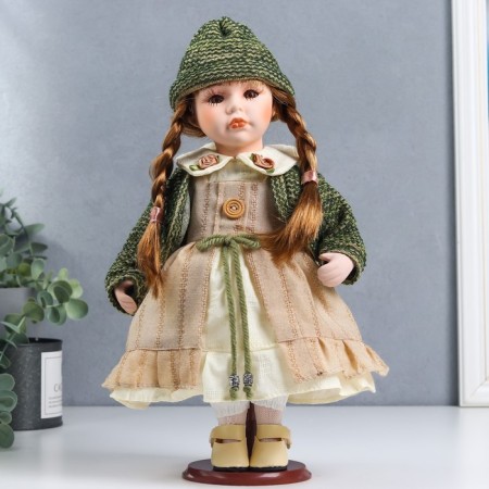 Doll Collectible Ceramics "Vasilisa in a beige dress, green jacket" 30 cm