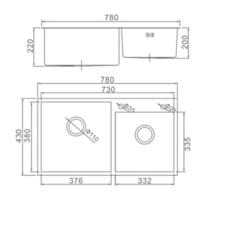 Kitchen sink Aflorn AF97843-D, Sredal, double, S = 3.0 and 0.8 mm, 78x43x22 cm, siphon, satin-8
