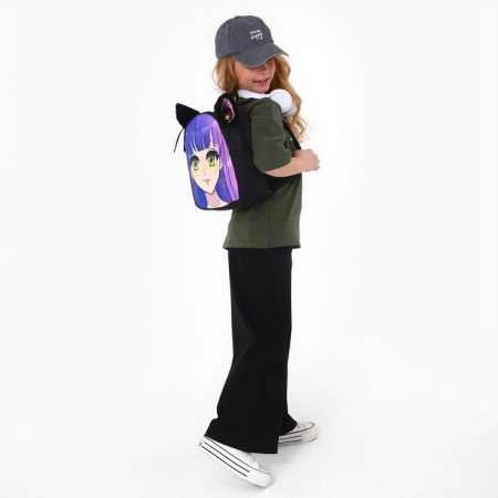 School textile backpack with ears on the hairpins "Anime", 27x23 cm, black/purple-23