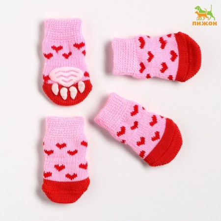Nosks non -slip "hearts", size S (2.5/3.5 * 6 cm), set 4 pcs, pink