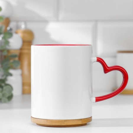 Sublimation mug with a curly hand "Heart" red inside and a pen standard 320ml