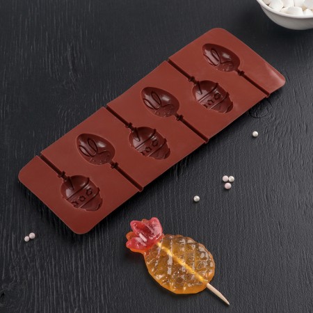 Form for the candy of the share "Easter rabbit", silicone, 26 × 10 × 1 cm, 6 cells, with sticks, brown color-2