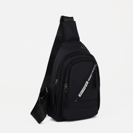 Male sling bag from textiles, headphone opening, black color-1