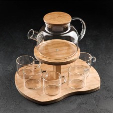 Glass Tea Set on an Eco wooden stand, 7 items: kettle 1.1 liters, 5 mugs 120 ml, stand