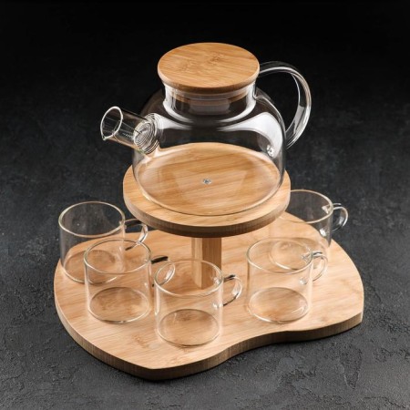 Glass Tea Set on an Eco wooden stand, 7 items: kettle 1.1 liters, 5 mugs 120 ml, stand