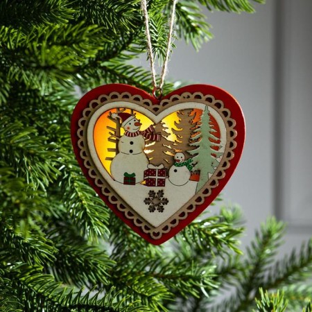 Christmas tree toy "Red Heart with a snowman", from batteries, a glow of warm white