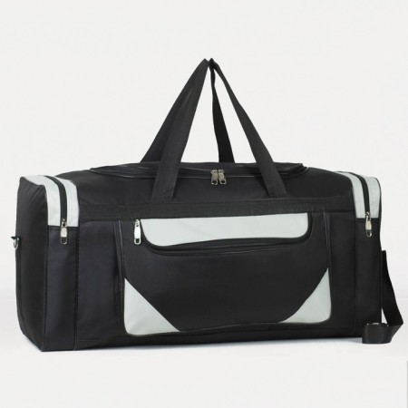 Road bag, 3 parts on zippers, external pocket, long belt, black/gray color
