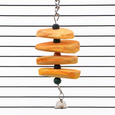 A toy for birds with a karakatitsa carapace and beads, 18 x 6 cm, yellow-4
