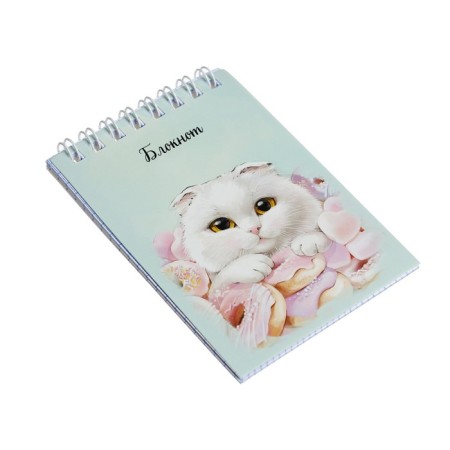 Notepad A7, 40 sheets in a cage, on the crest "Cat with a donut", cover coated cardboard, uf-lak, block 65 g/m2-1
