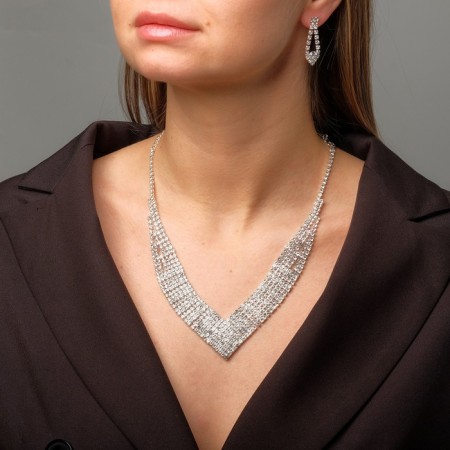 Set 2 objects: earrings, necklace “sparks” with a corner, white color in silver, 30 cm