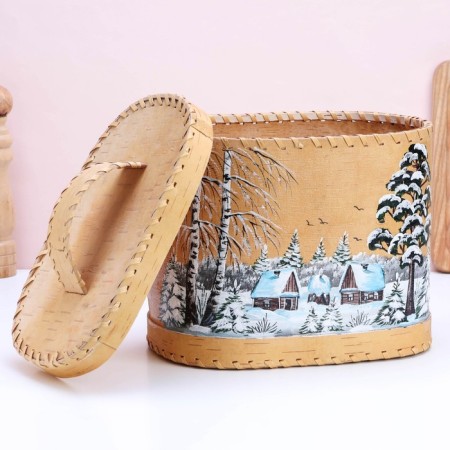 Khlebnitsa "Winter", with painting, 24 × 16 × 20 cm, mix, birch bark-1