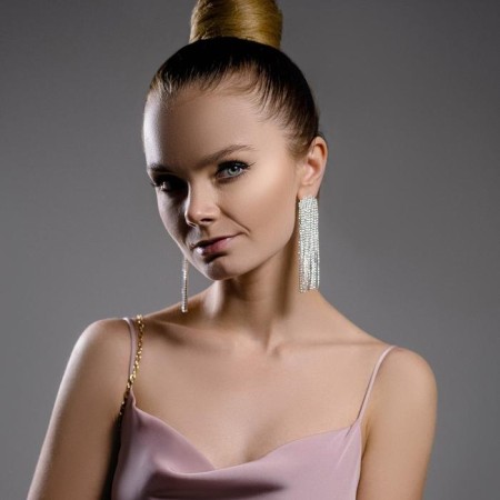 Hanging earrings with rhinestones "Waterfalls" semicircle, white color in silver, 11 cm-2