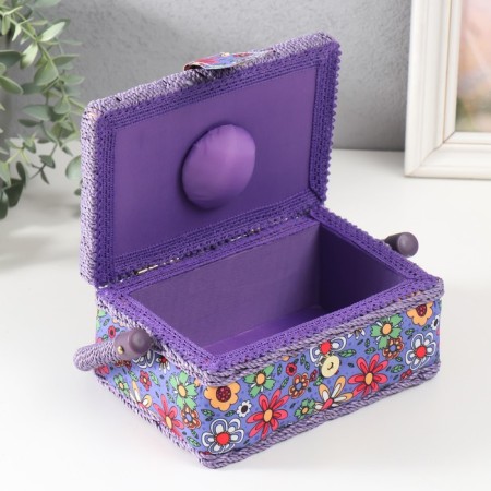 Casket for needlework "Drawn flowers on blue" 18x12x9.5 cm-2