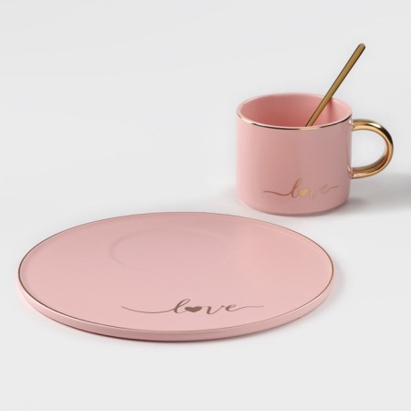 Coffee steam ceramic “love”, 3 objects: mug 200 ml, saucer d = 20 cm, spoon h = 14 cm, pink color-1