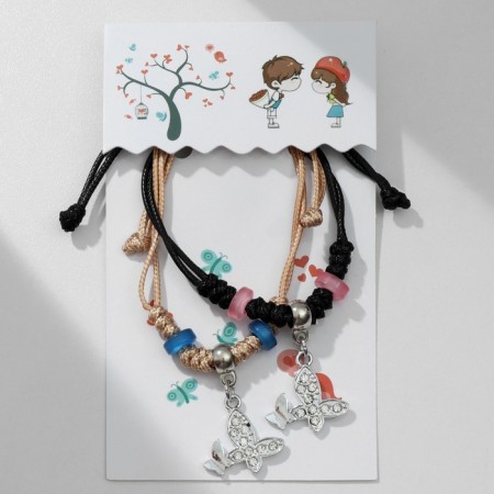 Bracelets "Demetrons" Two butterflies with beads, black-beige color, 8 cm-3