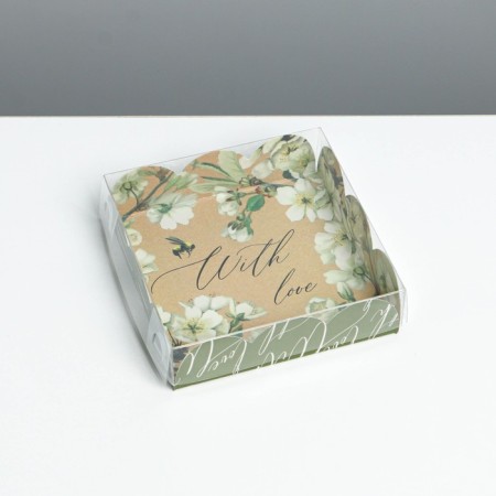 Cookie box, confectionery packaging with PVC lid, "bee", 10.5 x 10.5 x 3 cm