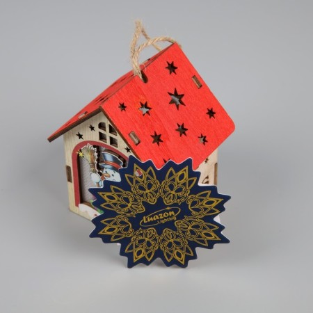 Christmas tree toy "House with a snowman", from batteries, a glow of warm white-2