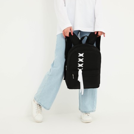 School textile school backpack with a white ribbon, 38x29x11 cm, black color, lightning department-8