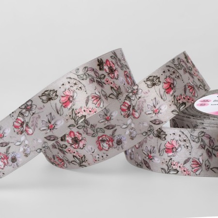 Satin tape "Cold flowers", 25 mm × 23 ± 1 m, color gray color