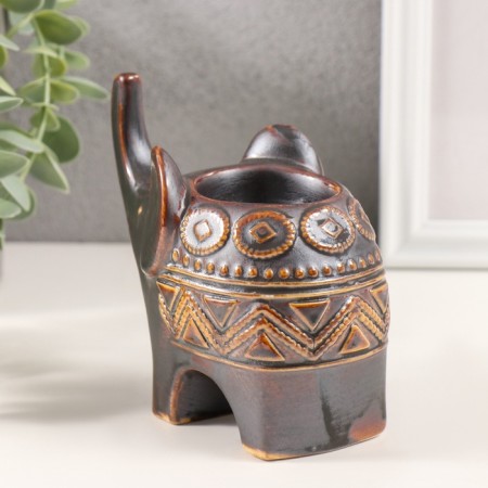 Ceramics candlestick for 1 candle "Elephant. Ethnic patterns" brown 7x11.5x10.5 cm-2