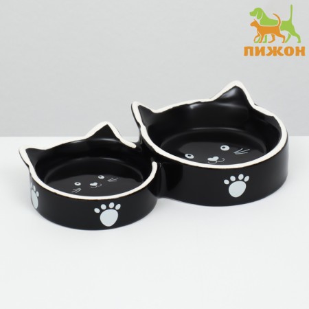 Ceramic bowl “cat family” 40/60 ml double 19 x 10.5 x 3.5 cm, black and white-1