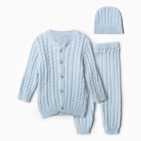 Knitted set (jumper, trousers, hat), blue color, height 68 cm