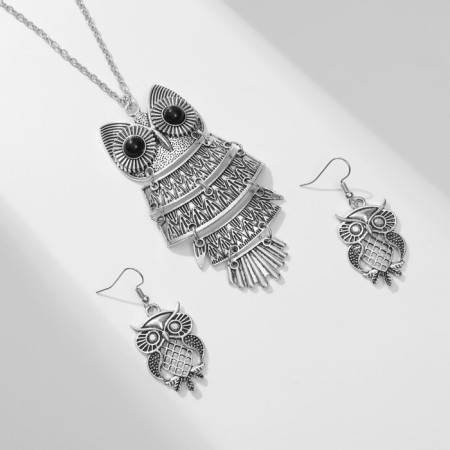 Assortment set: earrings, pendant "owl", color black silver, 60 cm