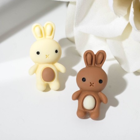 Earrings plastic "Bunny", white-brown color in silver-1