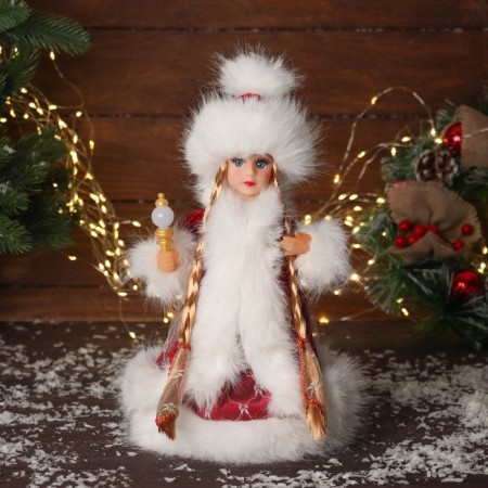 Snow Maiden "in a fluffy fur coat, with a flashlight" moves, with a backlight, 30x18 cm, red