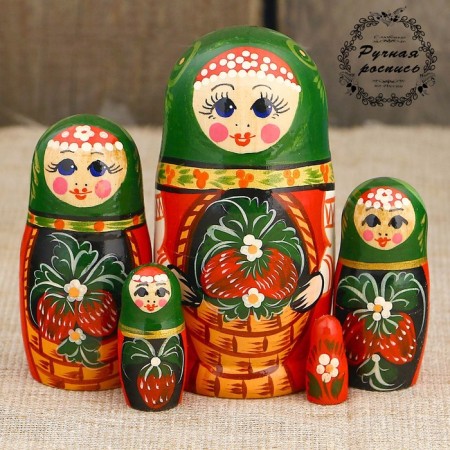 Matryoshka "Strawberry in a basket", green scarf, 5 puppet, 10 cm, handmade