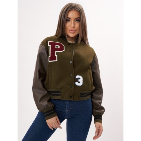 Leather bomber female color khaki, size 48