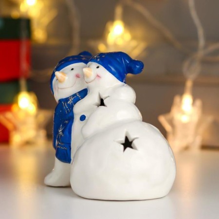 Souvenir Ceramics Light "Snowmen, blue caps and scarves" 10x12x8 cm-3