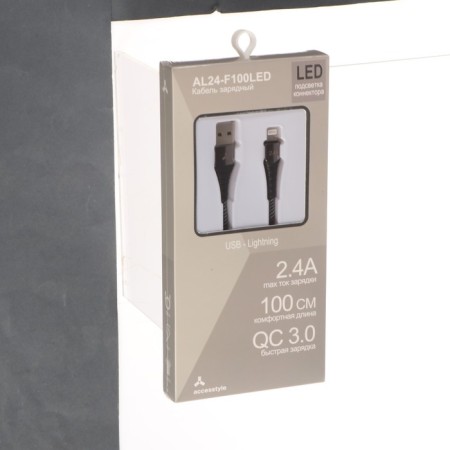 Cable AcCESSTYLEL AL24-F100LED, Lightning-USB, 2.4A, LED, Fast charging, 1m, black-gray-1