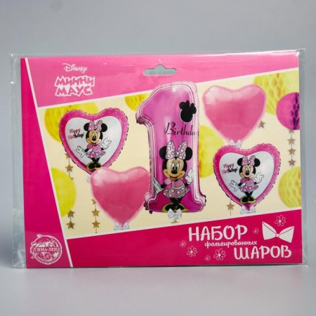 Bouquet of foil balls "Happy Birthday", set 5 pcs, Minnie Mouse, 4 hearts, unit-5