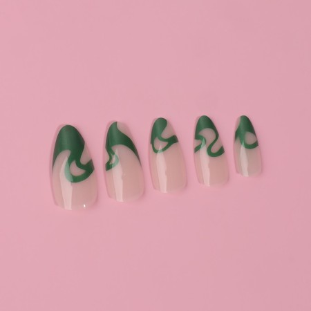 Pattern overhead nails, 24 pcs, with adhesive plates, almond shape, milk/green color-5