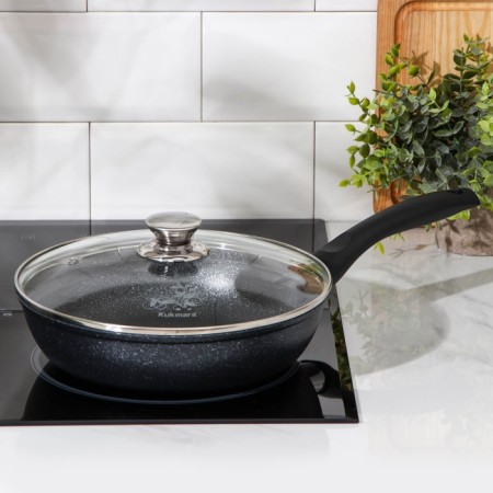 Pan, d = 24 cm, plastic handle, glass cover, anti -stick coating, dark marble color-5