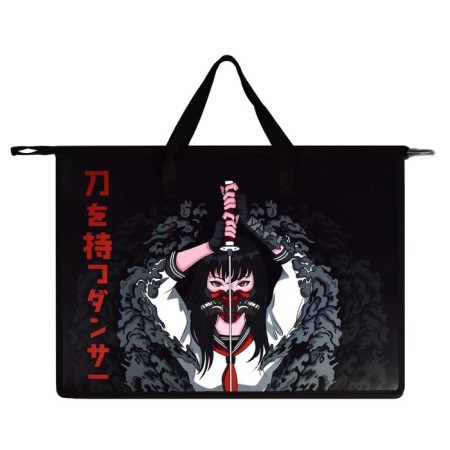 Folder for drawings and drawings A3, 450 x 330 x 90 mm, handles, plastic, zipper on top, Phoenix dance with katana-1